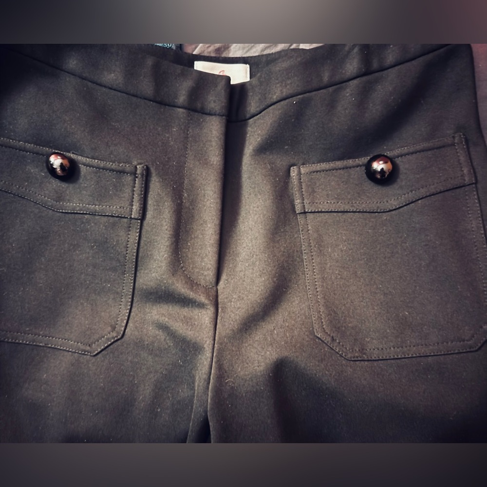 Y2K Vintage Flare Trousers High Rise Button Patch Pocket Black Ponte Dress Pants - Picture 9 of 9